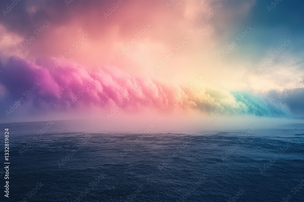 Pastel-colored cloudscape over a calm ocean, a dreamy and serene scene. Pastel-colored cloudscape over a calm ocean, a dreamy and serene scene.