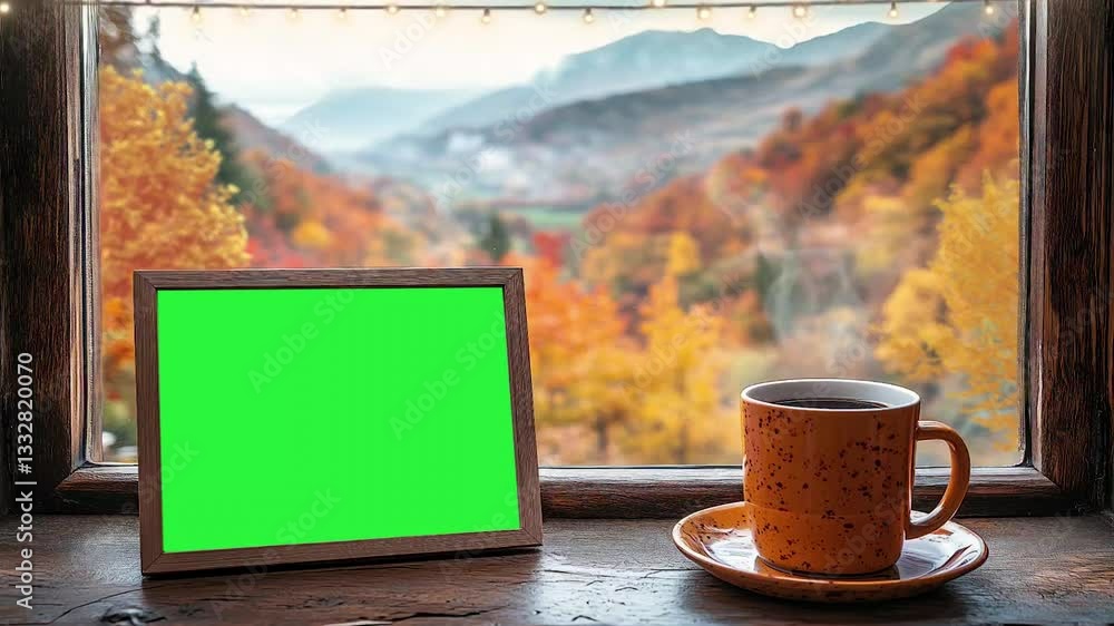 Photo frame mockup with coffee mug on the table in front of an open window overlooking, an autumn scene outside the windows seamless looping animation background 