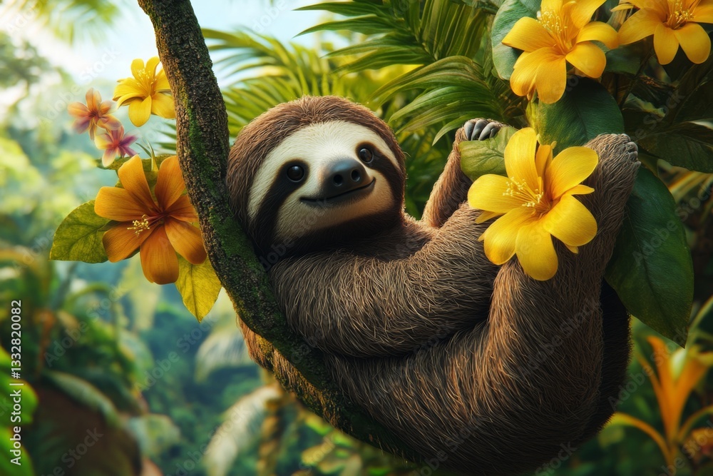 Fototapeta premium Cartoon Sloth in Tropical Paradise