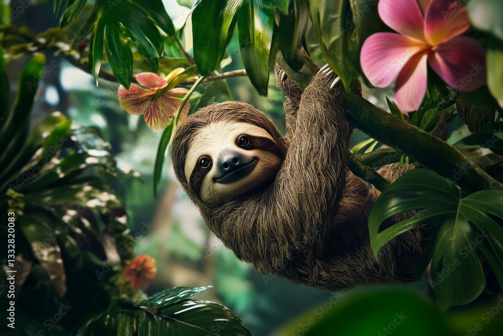 Fototapeta premium Cartoon Sloth in Tropical Paradise
