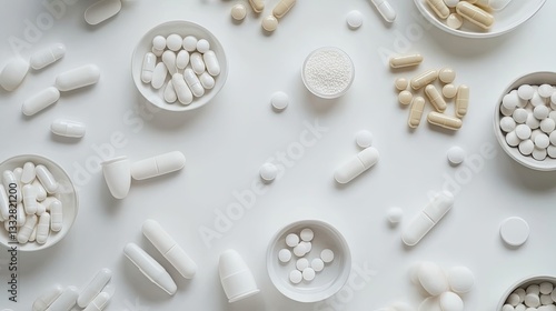 Assorted capsules and tablets on white table, top view