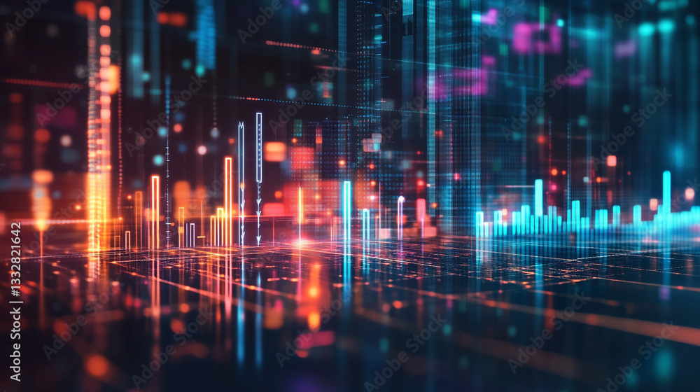 A vibrant digital landscape with colorful data visualizations, Futuristic representation of a financial data analysis on multiple screens. A vibrant digital landscape with colorful data visualizations, Futuristic representation of a financial data analysis on multiple screens.