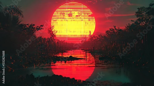 Vibrant futuristic sunset over jungle river with reflections
