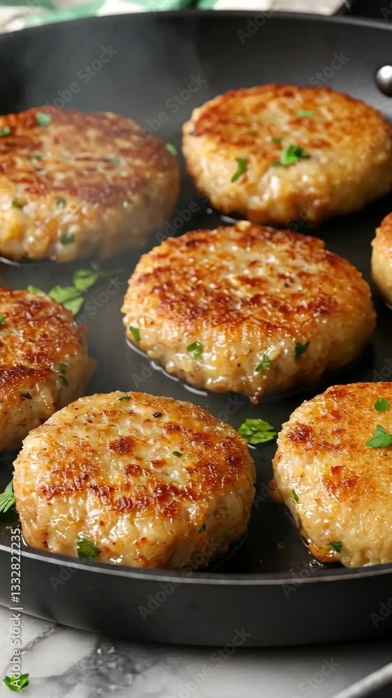Deliciously browned patties sizzling in a skillet with fresh herbs in a cozy kitchen setting Deliciously browned patties sizzling in a skillet with fresh herbs in a cozy kitchen setting
