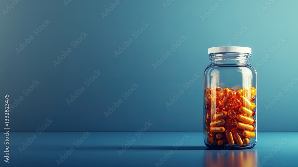 Assortment of capsules and tablets in bottle on blue background, empty space Assortment of capsules and tablets in bottle on blue background, empty space