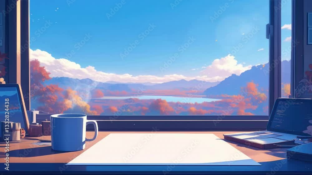 A book and coffee mug on the table in front of an open window overlooking, an autumn scene outside the windows, anime or cartoon illustration seamless looping animation background 
