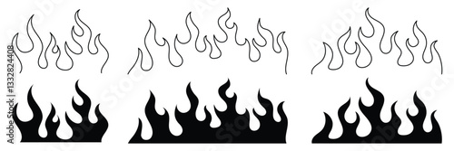 Set of Black fire flame collection. Classic silhouette fire flames. Vector Illustration.
