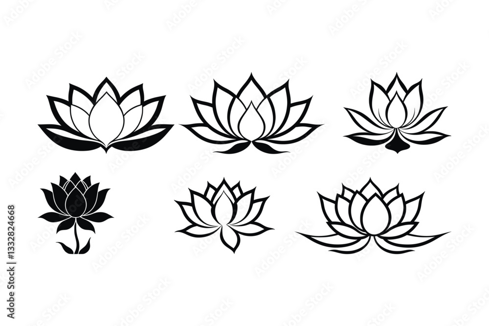 Fototapeta premium Lotus Flower Silhouette Vector Set Elegant Floral Illustration
