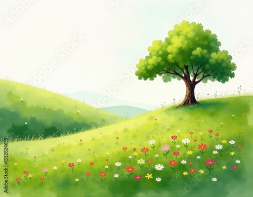 Idyllic Spring Meadow with Blooming Flowers and Tree
