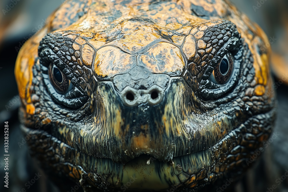 Giant tortoise gazes thoughtfully in Galapagos protected zones at dusk