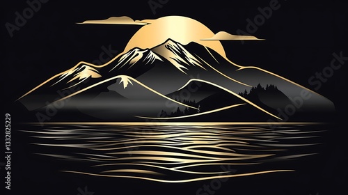 Golden mountains reflect water at dusk, wallpaper