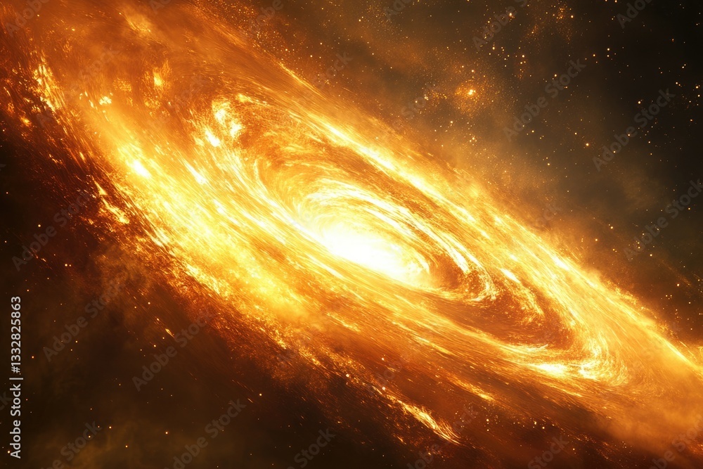 A fiery spiral galaxy ablaze with energy, swirling cosmic dust and stars.