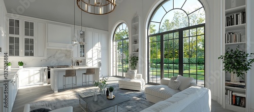 The living room and white kitchen boast a luxurious interior design in an open plan setting