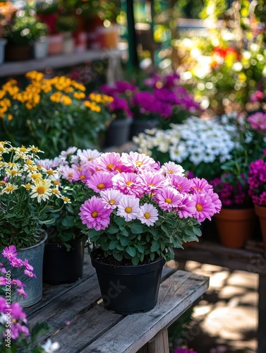 Wallpaper Mural Vibrant Flower Market with Colorful Daisies and Petunias in Bloom on a Sunny Day Featuring Various Potted Plants and Lush Greenery Torontodigital.ca