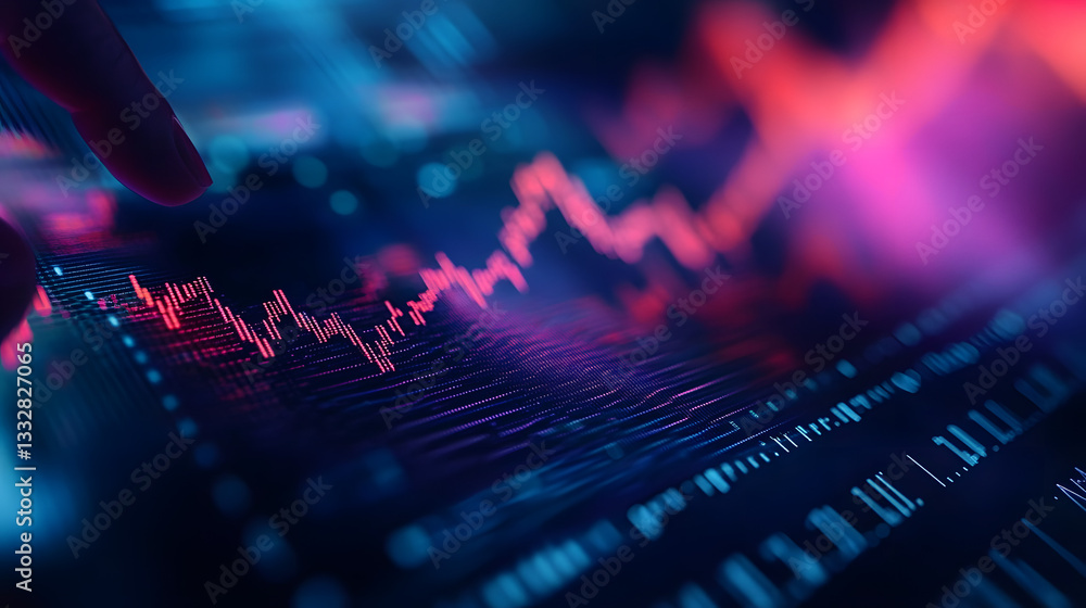 Fototapeta premium Abstract creative financial graph with finger clicks on a digital tablet on background, forex and investment concept. Multiexposure