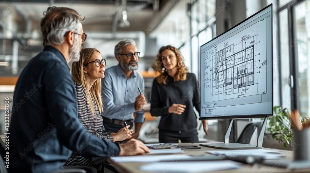 Fototapeta premium Team Discusses Architectural Plans in Office