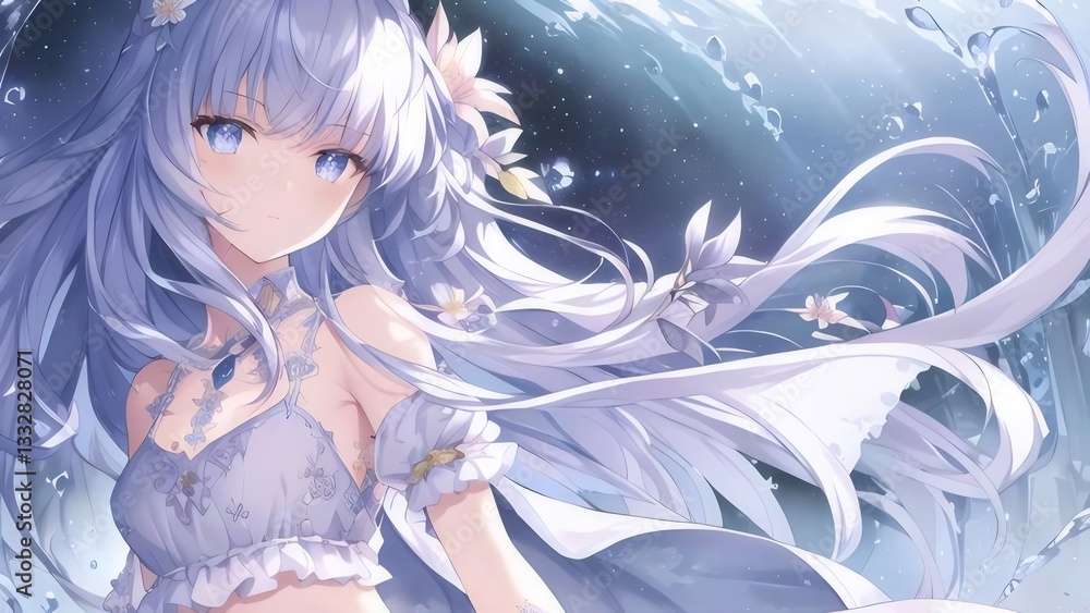 Ethereal Anime Girl with Flowing Purple Hair in a Watery Dreamscape Ethereal Anime Girl with Flowing Purple Hair in a Watery Dreamscape