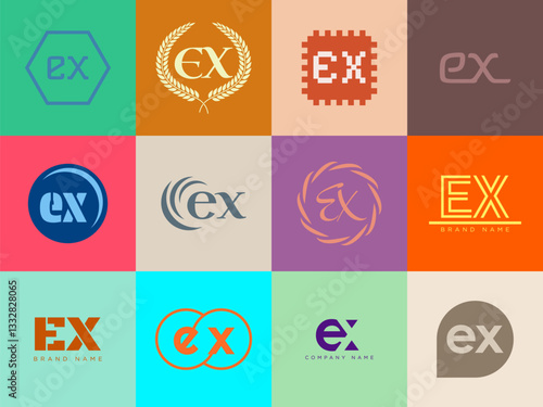 EX logo company template. Letter e and x logotype. Set different classic serif lettering and modern bold text with design elements. Initial font typography.