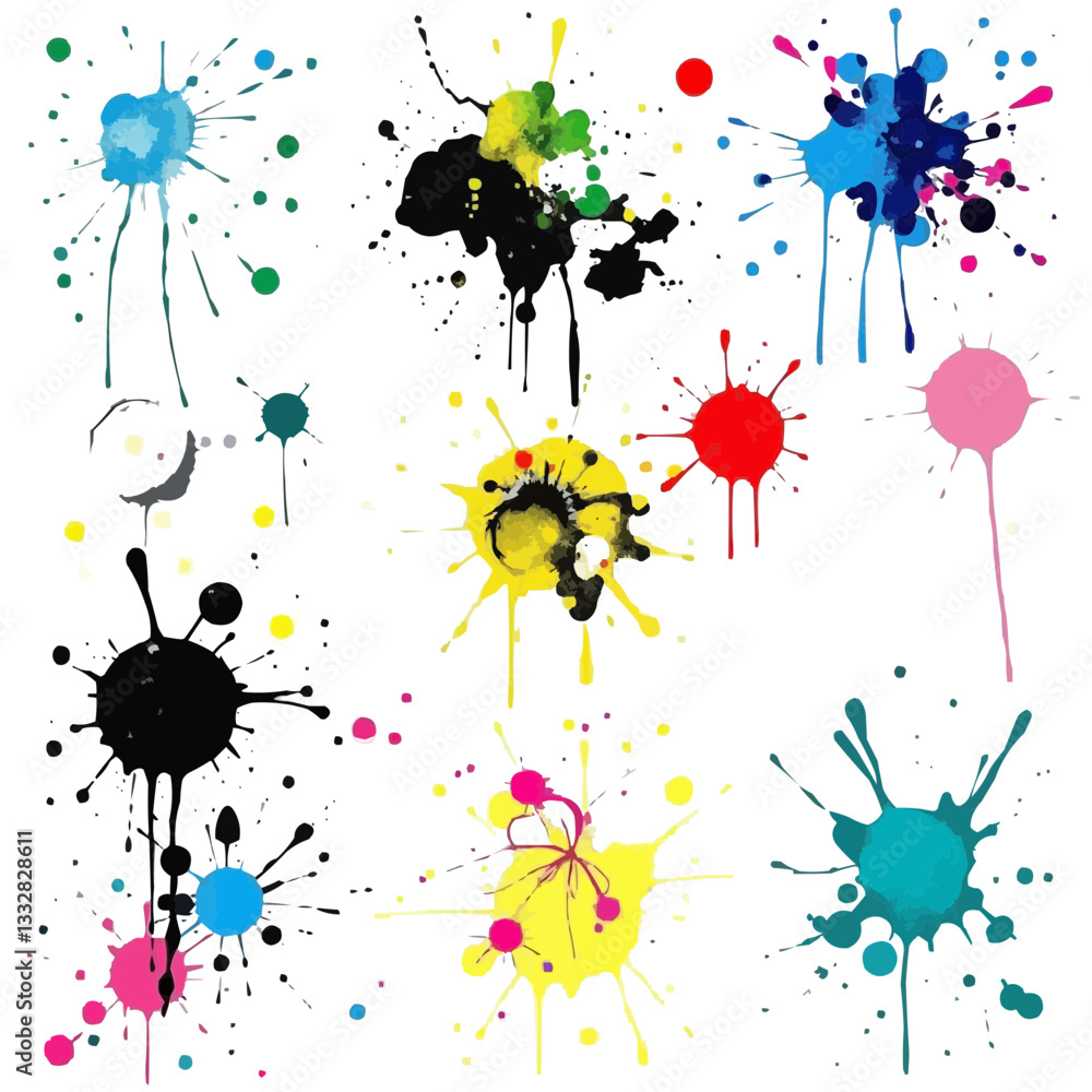 Colorful Paint Splatter Collection with Multiple Vibrant Ink Blobs on Transparent Background - Vector Art Elements for Graphic Design and Creative Projects Colorful Paint Splatter Collection with Multiple Vibrant Ink Blobs on Transparent Background - Vector Art Elements for Graphic Design and Creative Projects