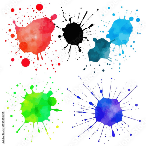 Vibrant Paint Splatter Set with Red Blue Green Black on Transparent Background - Vector Ink Splash Elements for Modern Graphic Design