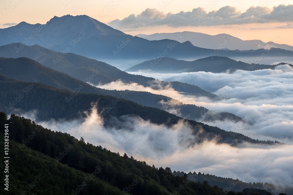 Obraz premium Fog rolling over a mountain range at dawn.