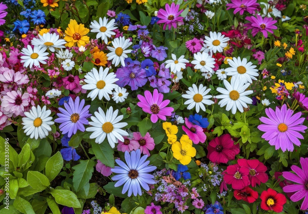 Vibrant Garden Display Featuring Colorful Blossoms in Various Shades, Including White, Pink, Purple, Yellow, and Blue Petals with Lush Green Foliage Vibrant Garden Display Featuring Colorful Blossoms in Various Shades, Including White, Pink, Purple, Yellow, and Blue Petals with Lush Green Foliage