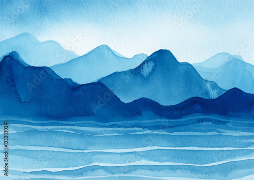 Mountain background with watercolor dark blue texture. Mountains and clouds, waves. Sea, ocean. Stains, fog, dry forms. Watercolor vector paintings.