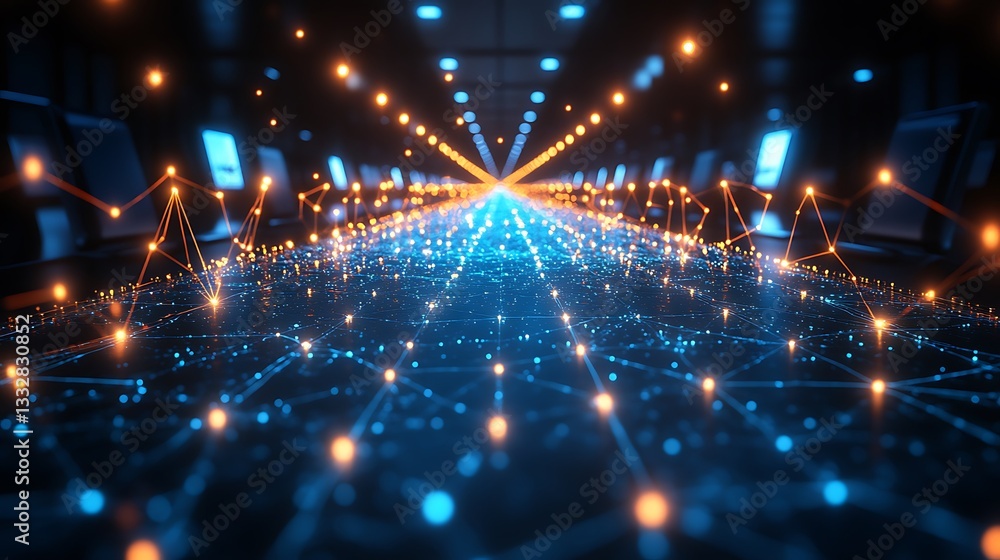 Obraz premium A high-tech meeting room with glowing presentation slides and connected devices.