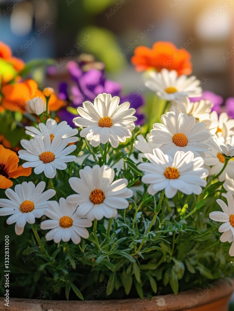 Vibrant Garden Display with White Daisies and Colorful Flowers in Soft Natural Light for Spring or Summer Background Vibrant Garden Display with White Daisies and Colorful Flowers in Soft Natural Light for Spring or Summer Background