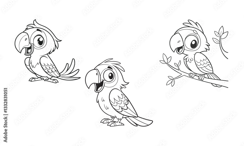 Obraz premium Bundle Cute Cartoon Parrot Coloring Page for Kids Simple Black and White Outline Illustration.