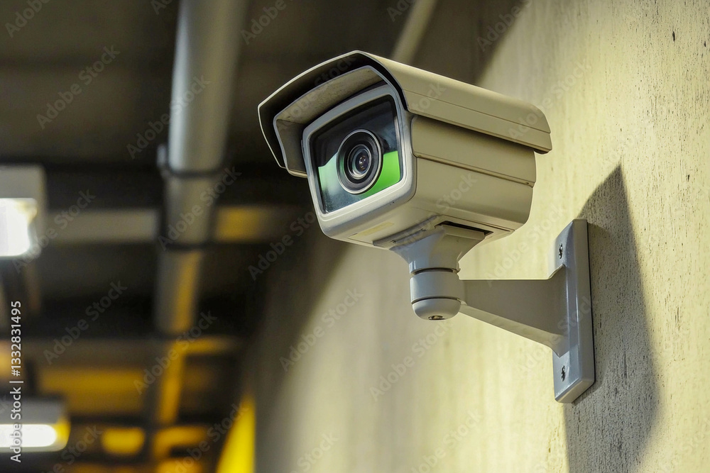 Security camera mounted on a wall providing surveillance in a modern indoor environment Security camera mounted on a wall providing surveillance in a modern indoor environment