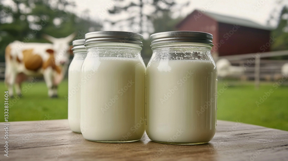 Freshly bottled milk at a farm with cows in the background on a cloudy day Freshly bottled milk at a farm with cows in the background on a cloudy day