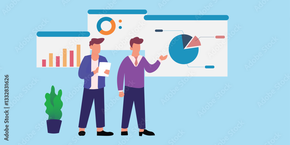 vector illustration of a businessman with a lot of money and presetantion with graph, chart, profit and analyst Blue Background vector illustration of a businessman with a lot of money and presetantion with graph, chart, profit and analyst Blue Background