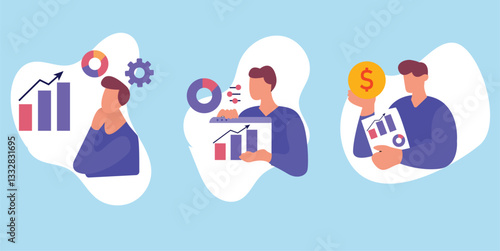 People working with data and charts collection - Set of vector illustration of business characters describe and doing Diagrams and graphs. Flat design and Blue Background