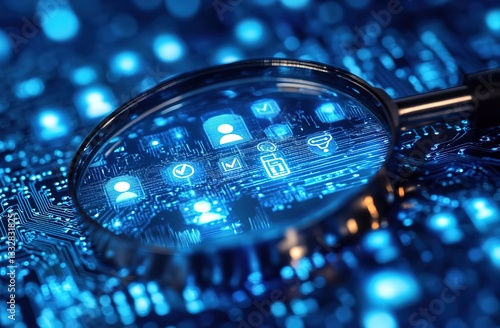 A magnifying glass highlights multiple blue social - related icons on a circuit board, indicating the integration of social elements in digital technology.