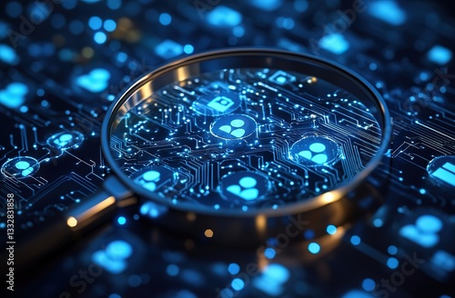 A magnifying glass shows blue circular icons on a circuit board, representing possible data nodes or components in a technological framework.