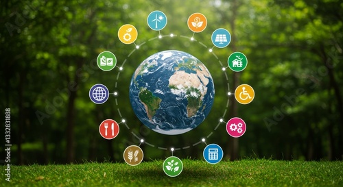 Globe surrounded by eco-friendly icons in green background