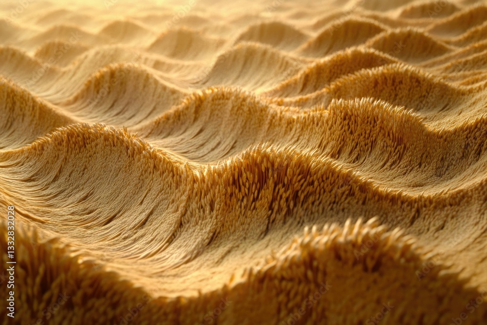 Abstract wavy textured surface resembling golden sand dunes or wheat field under sunlight.