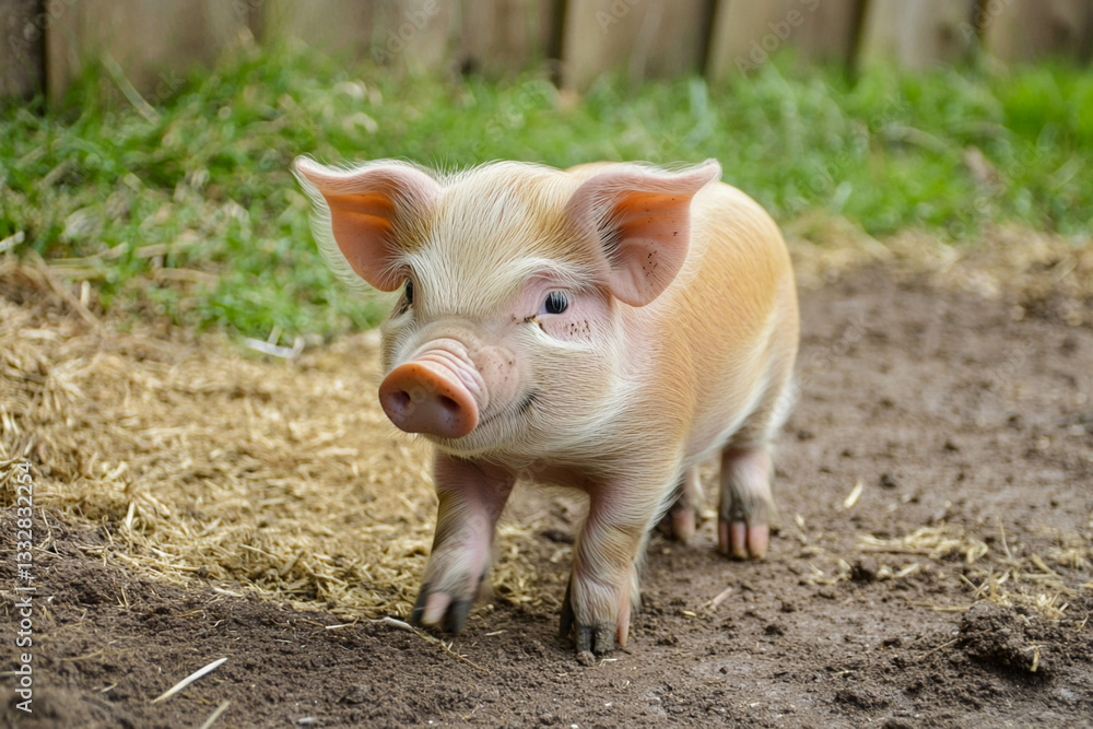 Cute piglet exploring a farm environment with fresh grass and dirt during a sunny day Cute piglet exploring a farm environment with fresh grass and dirt during a sunny day
