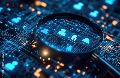 A magnifying glass focuses on multiple blue human - like icons on a circuit board, emphasizing the presence of human - oriented elements in digital technology.