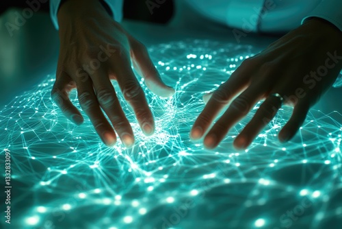Hands interacting with a glowing network of interconnected nodes, symbolizing digital connectivity and data flow.