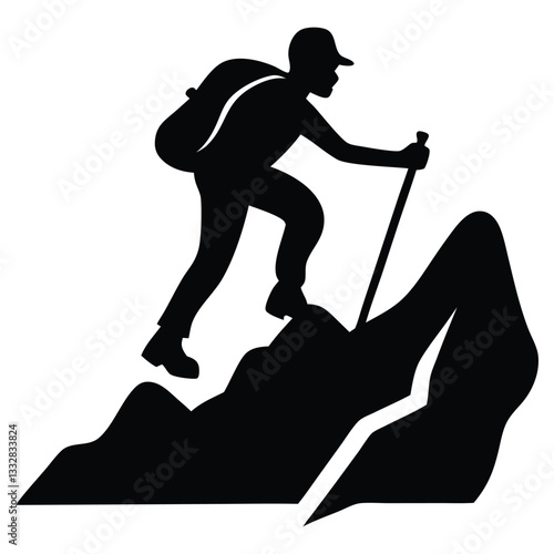 Man hiking mountain with stick silhouette, Black silhouette of a man climbing a mountain