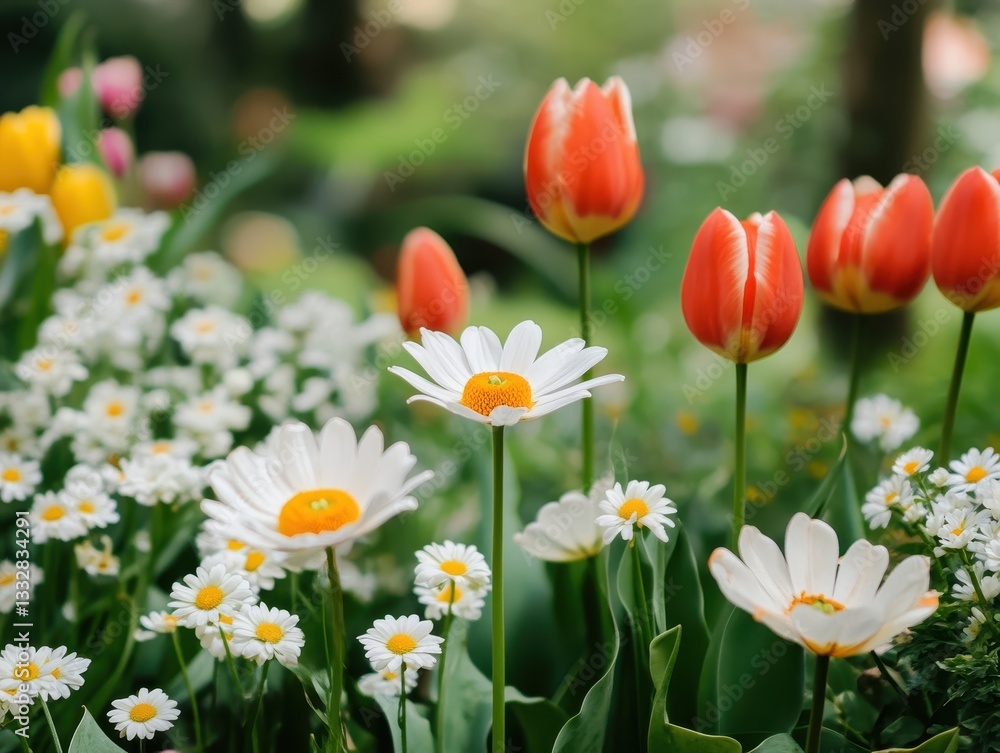 Fototapeta premium Vibrant Garden Scene with Colorful Tulips and Daisies Blooming in a Sunny Landscape Filled with Fresh Greenery and Nature's Beauty