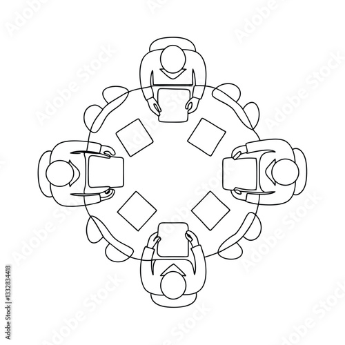 Team Meeting Collaboration Round Table Discussion, Minimalist Line Art