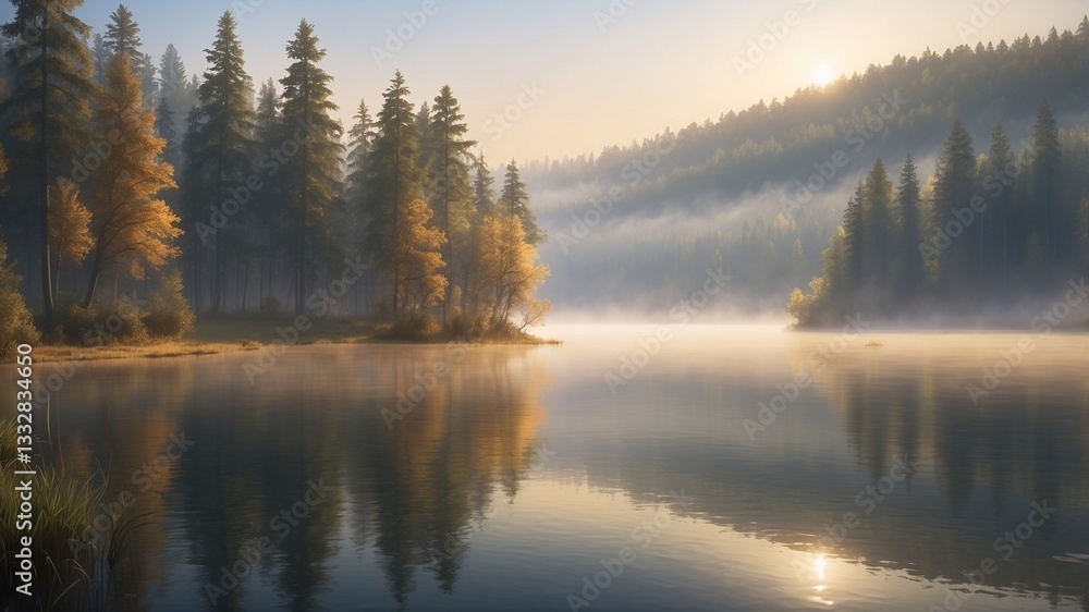 Fototapeta premium morning sunrise in the forest by the lake