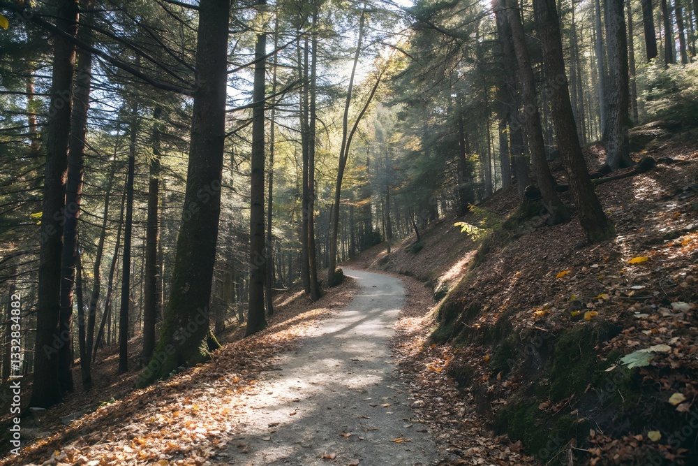 Obraz premium A mountain trail leading through a dense forest.