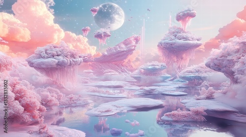 Surreal fantasy landscape with floating islands and dreamy pink clouds under a full moon