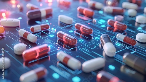 Digital healthcare concept with pharmaceutical pills arranged on high-tech grid
