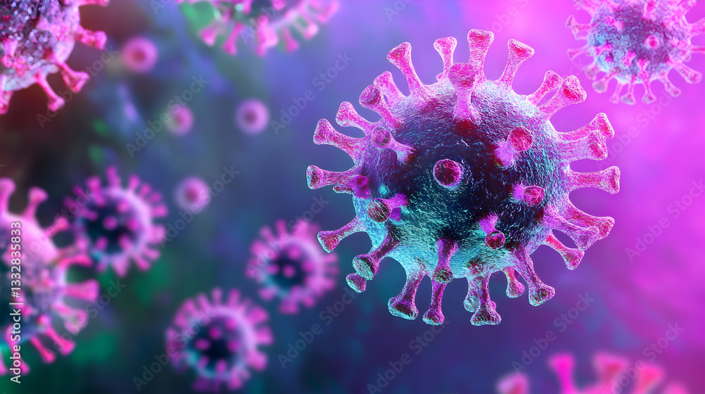 A bunch of pink and blue viruses are floating in the air. A bunch of pink and blue viruses are floating in the air.