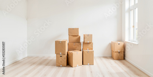 Stacked cardboard boxes in empty bright room for moving blogs, real estate websites, relocation services, home organization content, and minimalist lifestyle imagery